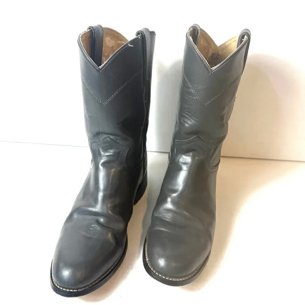 Justin Roper Gray Leather Cowboy Western Riding Casual Boots Mens Youth 4 D Shoe
